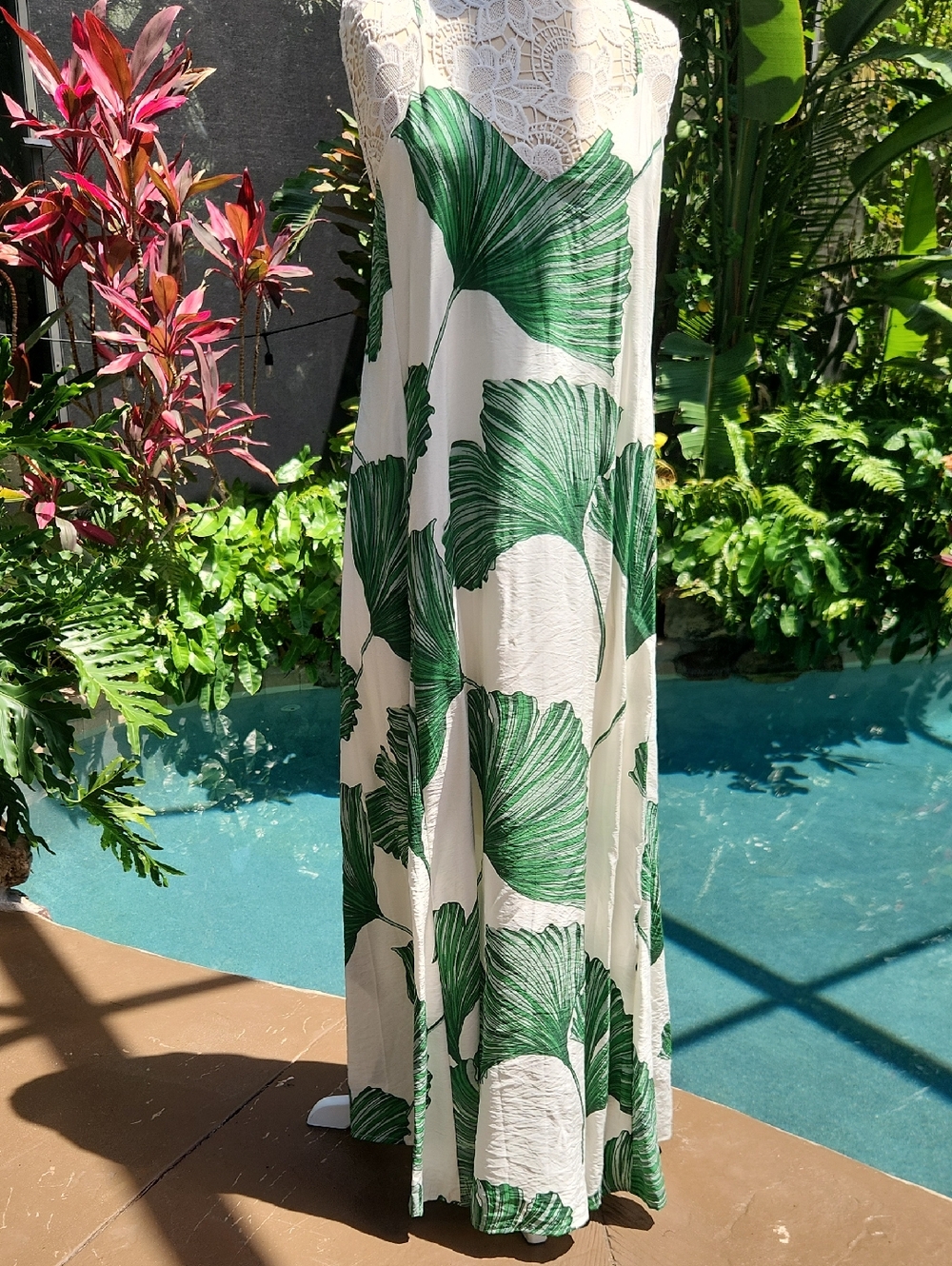 Women's Cream Maxi Dress with Green Leaf Print